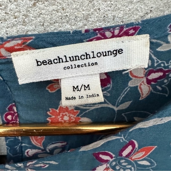 Beach Lunch Lounge Blue Boho Floral Bell Sleeve Peasant Top Block Print Rayon - Picture 3 of 9